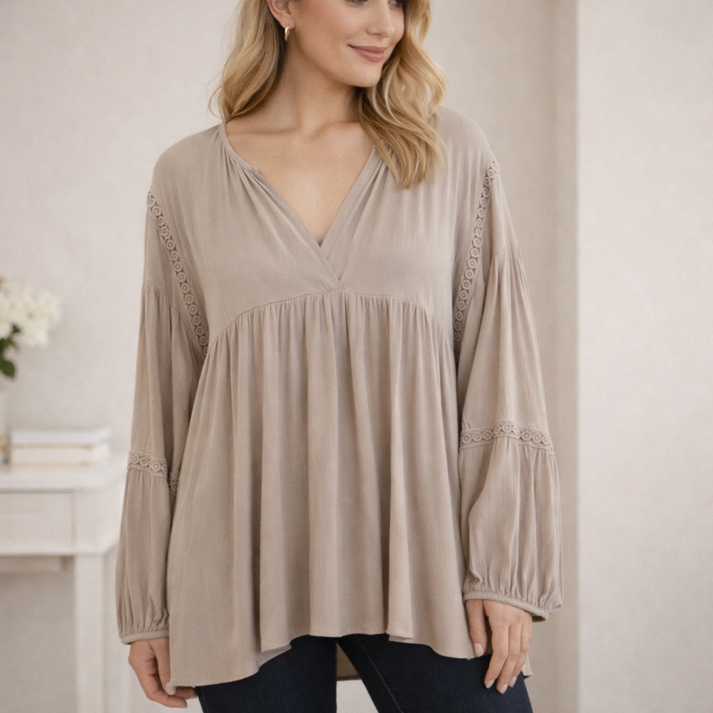 DAZZ Blouse Tunic Peasant Top Long Sleeve V-Neck Lace Trim Bohemian Beige Tan